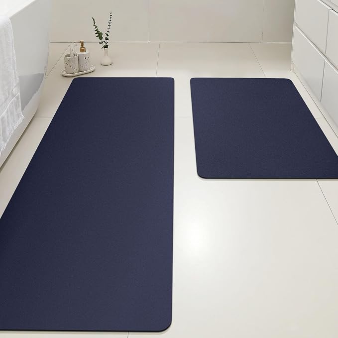 ACCUMTEK Non Slip Bath Mat, Thin Bathroom Rugs Fit Under Door, Quick Dry Bath Mats, Machine Washable Bath Rugs for Bathroom, Bathtub & Kitchen, Bathtub, Dark Blue/Solid/24 x17+48"x20"