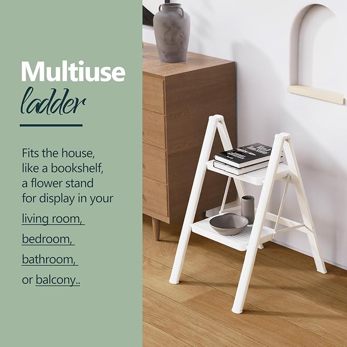 WOA WOA Step Ladder for Home, Foldable Step Stool for Kitchen with Non-Slip Pedals, Sturdy Ladders Supports up to 330 lbs, Compact and Portable - 2 Step/White