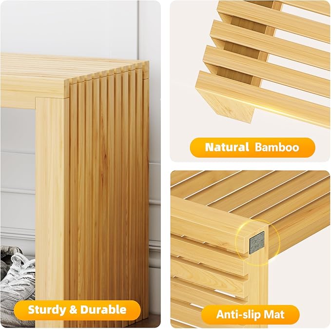 Bamboo Dining Bench, 18-inch Sleek Design Entryway Shoe Rack Bench, Indoor Kitchen Table Bench, Waterproof Outdoor Bench, Natural