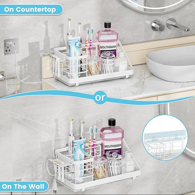 Toothbrush Holders Instant-Drying Organizer - Bathroom Countertop/Wall Mounted Electric Toothbrush Holder - Toothbrush Head Toothpaste Holder, Bathroom Counter Organizers and Storage, White