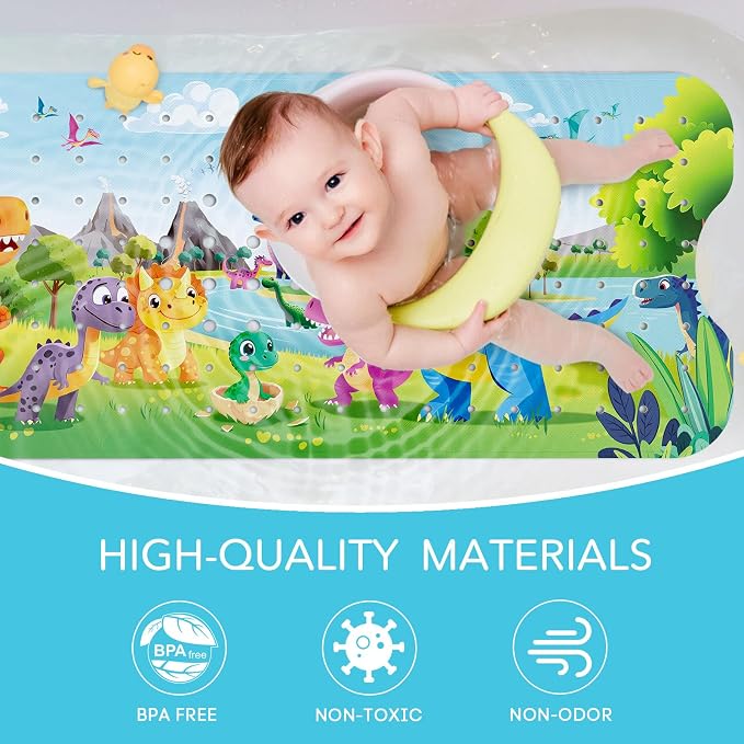 SHUCHING Baby Dinosaur Bath Mat for Tub Non Slip-40 X 16 Inch, Bathtub Mat Non Slip for Kids Baby, Toddler Long Shower Mat for Bathroom Mold Free, Machine Washable