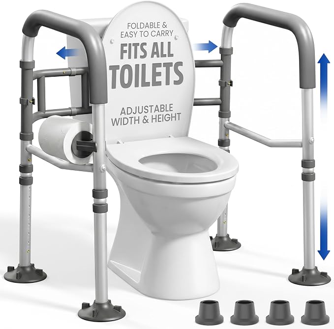 Toilet Safety Rails for Seniors 350lb, Adjustable Height & Width Toilet Bars for Elderly | Foldable Non-Slip Toilet Safety Frame, 4 Suction Cups & 4 Tips, Reinforced 2 C-Clamp – Fits Most Toilets