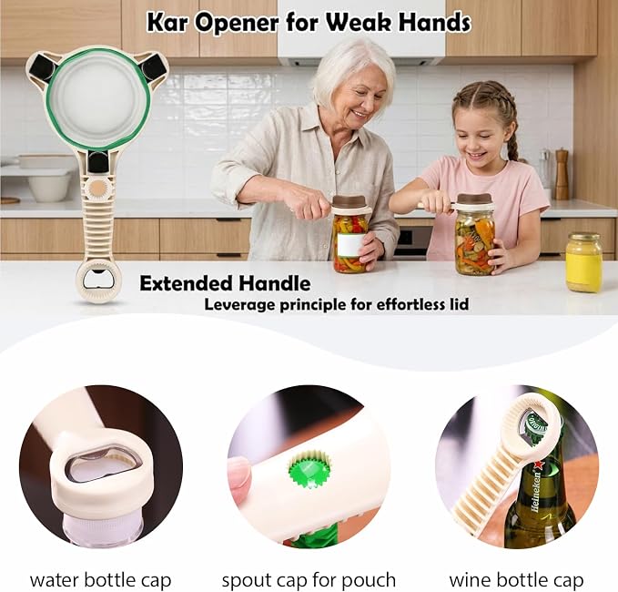 Jar Opener, 4 in 1 Multi-Functional Adjustable Bottle Opener, Retractable Lid Tool with Non-Slip Grip for Various Sizes Jars Cans and Bottles, Effortless Kitchen Helper for Seniors, Weak Hands