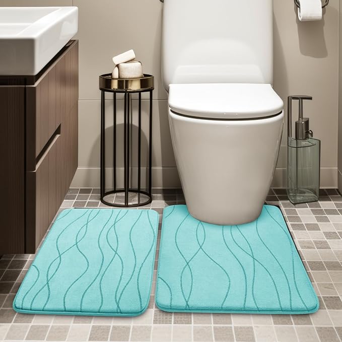 YIHOUSE Memory Foam Bathroom Rug Sets, Teal, 2 Piece-U Shape & Small Mat | Ultra Soft, Absorbent, Non-Slip, Machine Washable