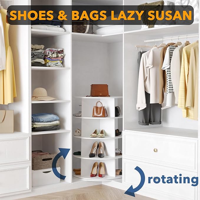 SpaceAid 4 Tier Rotating Shoe Rack Tower, Spinning Shoe Display Lazy Susan, Revolving 360 Shoe Rack Storage Round Carousel, Vertical Handbag Rotate Shoes Closet Organization (4-Tier White)