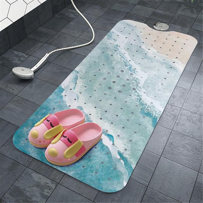 Beach Bathtub Mat Non Slip, Baby Bath Mat for Tub Rubber Tub Mat, Kids Bath Mats for Bathroom Ocean Waves Anti Slip Shower Mat with Suction and Drain Holes Machine Washable, 40″X16″