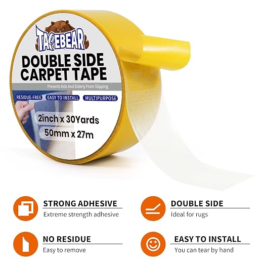 TAPEBEAR Carpet Tape Double Sided 4Inch x 30Yards, Heavy Duty Rug Gripper Anti Slip Anti Curling Floor Tape Residue-Free, Two Sided, Removable, Waterproof for Area Rugs, Mats, Strong Hold for Tile