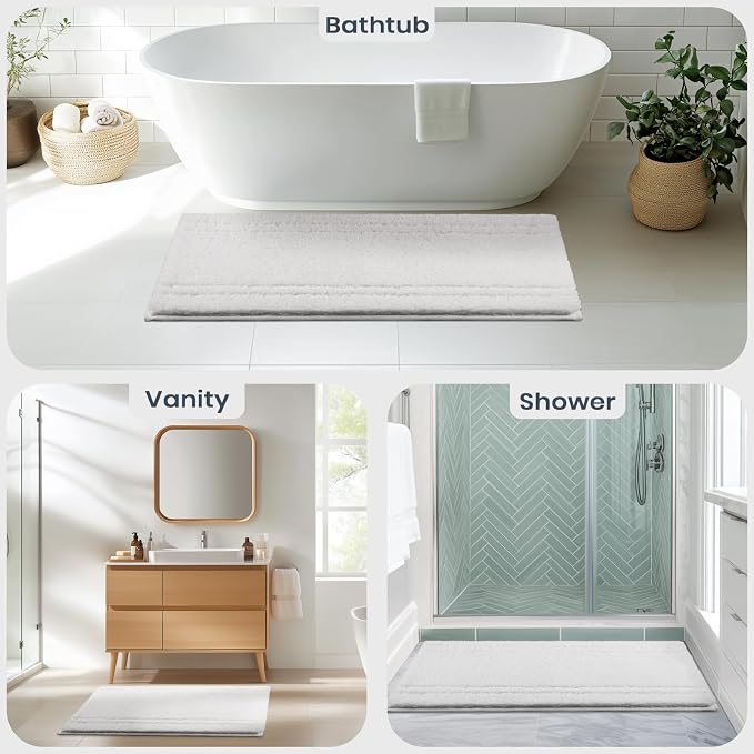 PURRUGS Bathroom Rug Non-Slip Machine Washable 30" x 46", Super Absorbent and Quick Dry Shaggy Microfiber Bath Mat, Extra Soft and Plush Bath Rug for Bathtub, Shower, and Sink, White