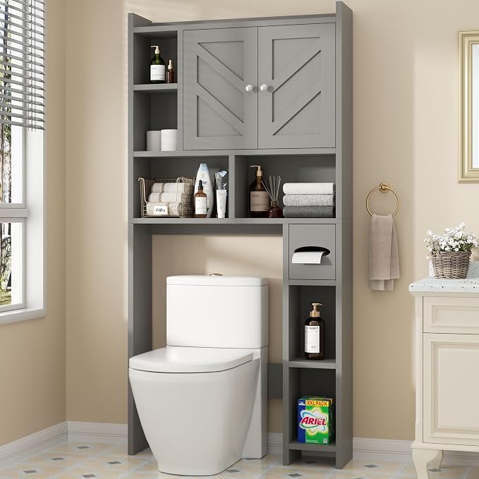 Shintenchi Over the Toilet Storage Cabinet, Bathroom Storage Cabient with Barn Doors, Bathroom Storage Shelf Organizer with Toilet Paper Holder, Adjustable Shelf and Anti-Tip Device, Gray