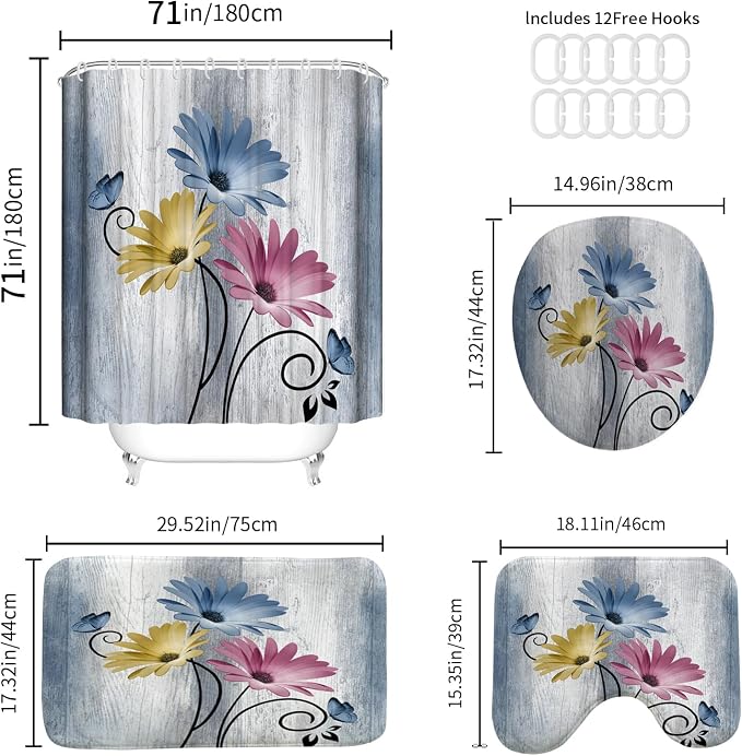 Onalasyc 4PCS Country Hot Pink Daisy Flower Farmhouse Shower Curtain Set with Shower Curtain and Carpet and Accessories, Waterproof Bathroom Shower Curtain Decorative Set with 12 pcs Hooks,71 x 71in