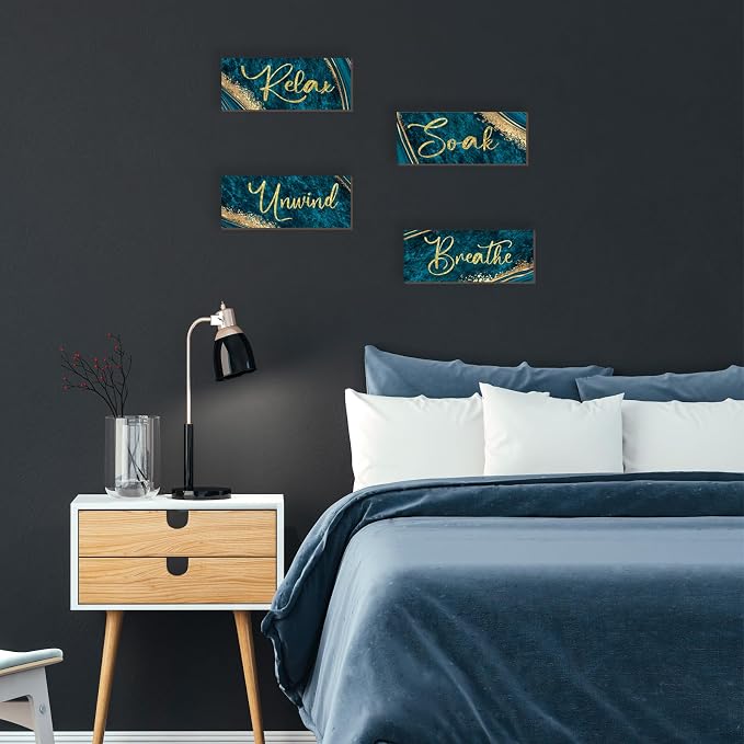 ONIZHITY 4 Pcs Teal and Gold Wall Decor - Rustic Marble Style Bathroom Accessories for Bedroom and Living Room (Teal Gold 10X4)