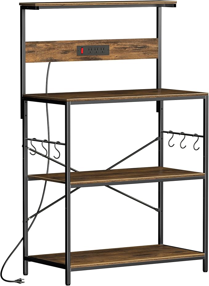 VUSIGN Kitchen Bakers Rack with Power Outlet, 31.5 Inch Coffee Bar Station with 6 S Hooks, 4 Tiers Microwave Stand with Storage, Kitchen Stand for Pots/Pans/Spices, Rustic Brown