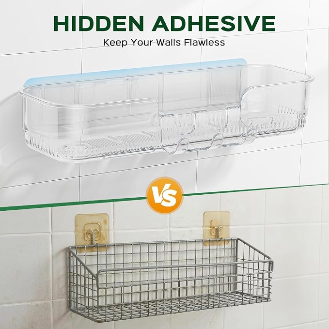 HAMITOR Adhesive Shower Caddy for Bathroom：5 Pack Clear Bath Shelves No Drilling for Modern Renters & Home Decor - Rustproof Acrylic Shower Organizer for Bathroom Storage