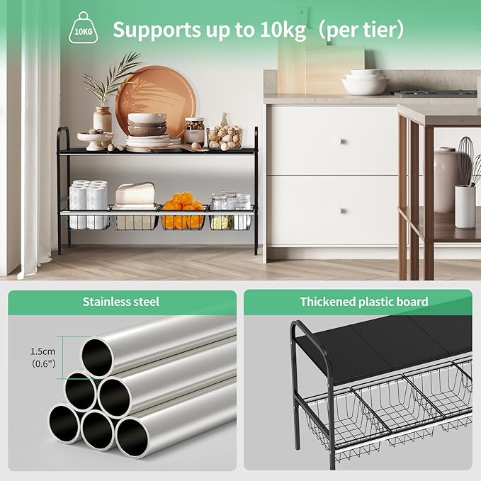 Expandable 2-Tier Under Sink Organizer, 8 Removable Plastic Boards, Tool-Free Installation (Black, 2-Tier 4 Boards and 4 Baskets)