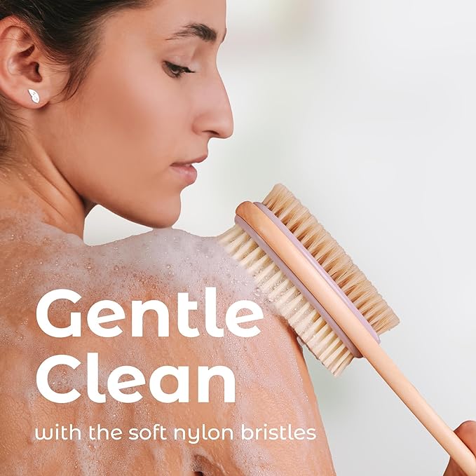 MainBasics Back Scrubber Shower Brush Long Handle Dual Sided Body Brush with Exfoliating Soft Bristles for Back Scrubbing Deep Cleaning and Body Wash (Lavender)