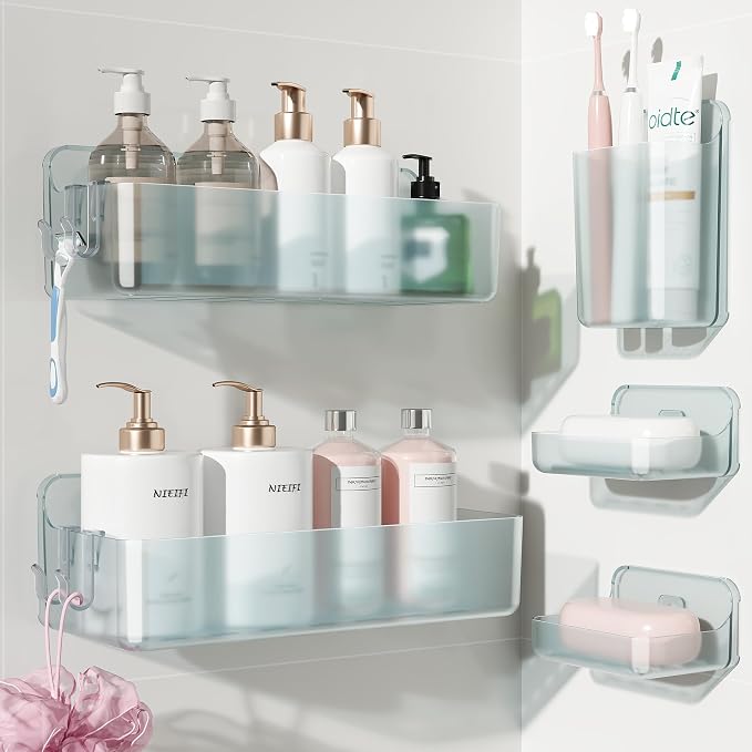 Nieifi Adhesive Wall Shelf, Shower Shelves, Shower Organizer for Bathroom Organization (Blue-Clear, 5 pieces)