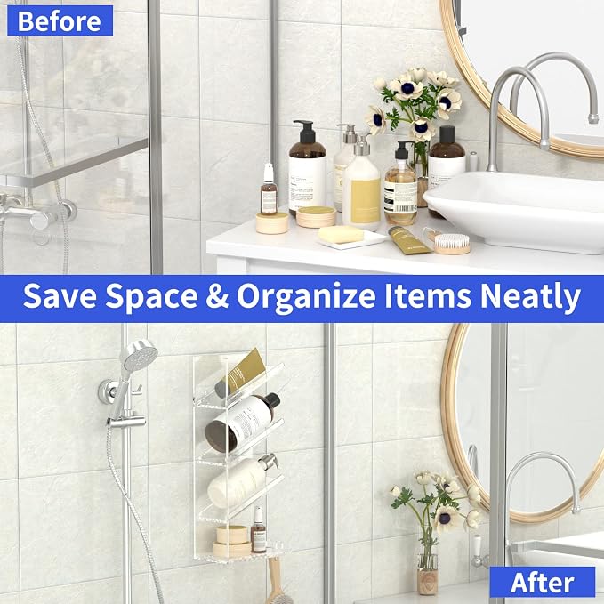 AITEE Acrylic Bathroom Organizer Shower Caddy, Clear Shampoo Holder Wall Mounted with Suction Cup, No Drilling and Rustproof, Sturdy and Durable - One Shelf