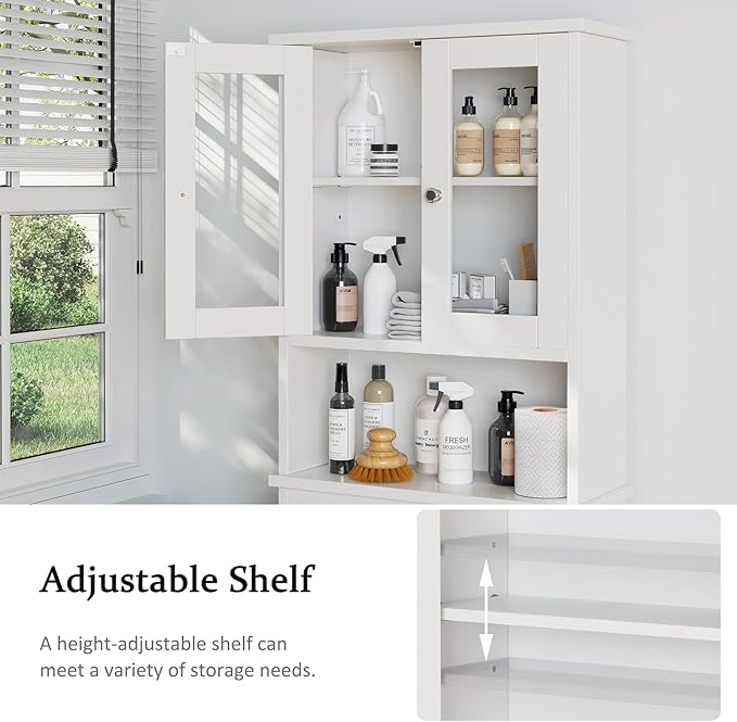Over The Toilet Storage Cabinet for Bathroom, Storage Organizer Over Toilet, Space Saver with Tempered Glass Doors, White