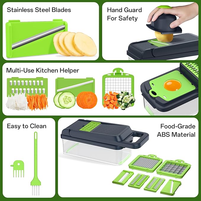 HomeHacks Vegetable Chopper Vegetable Cutter, 12 in 1 Kitchen Gadget, Dicer, Slicer, Onion Cutter, Salad, Cheese Grater & Egg Separator - Multi-Functional Veggie Chopper Lid with Handle (Green)