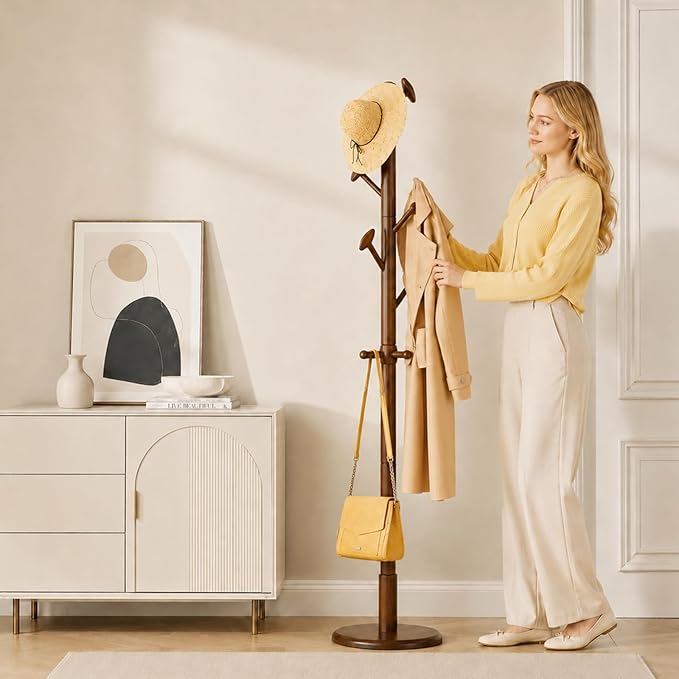Taitiy Solid Wood Coat Rack Freestanding Coat Tree with 10 Hooks for Bedroom, Livingroom, Entryway, Sturdy Coat Hanger Stand for Hats, Coats, Scarves, Handbags, Purses
