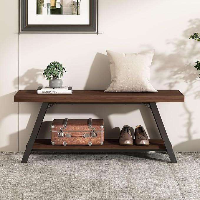 LVB Wood Entryway Bench, Industrial Metal Indoor Shoe Rack, Wooden Storage Bench for Bedroom, Farmhouse Hallway Seating, Walnut, 47 Inch
