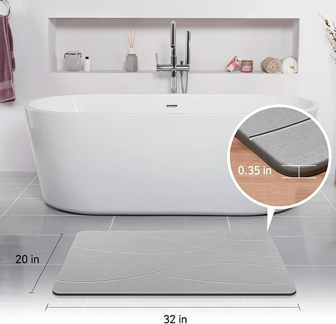 32"x20" Stone Bath Mat 2Pack, Diatomaceous Earth Shower Mat, Non-Slip Super Absorbent Quick Drying Bathroom Floor Mat, Natural, Easy to Clean (Cloudy Gray)