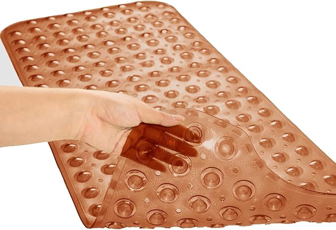 TEESHLY Bathtub Mats for Shower Tub, Extra Long Non-Slip 39 x 16 Inch Bath Mat with Drain Holes and Suction Cups, BathMat for Bathroom with Machine Washable (Clear Brown)