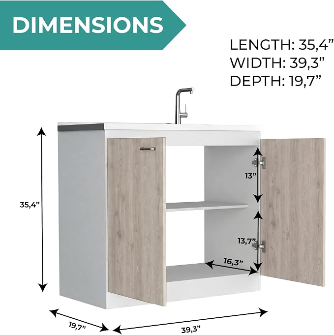 Tuhome Napoles Utility Sink Base Cabinet with Integrated Stainless Steel Countertop, Freestanding Cabinet with Double Doors, Interior Shelf for Laundry Room, Utility Room, Mudroom or Kitchen