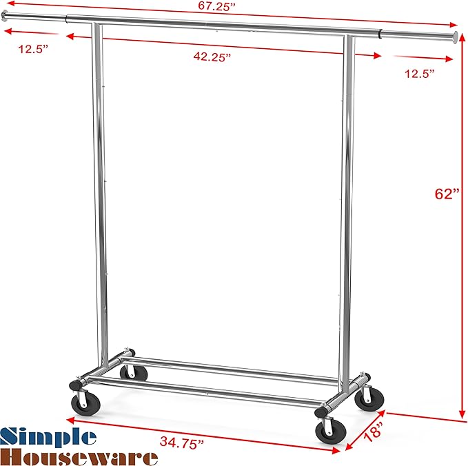 Simple Houseware Heavy Duty Clothing Garment Rack, Holds Up to 150 lbs, 42 to 67 Inches Extendable Rod, Chrome