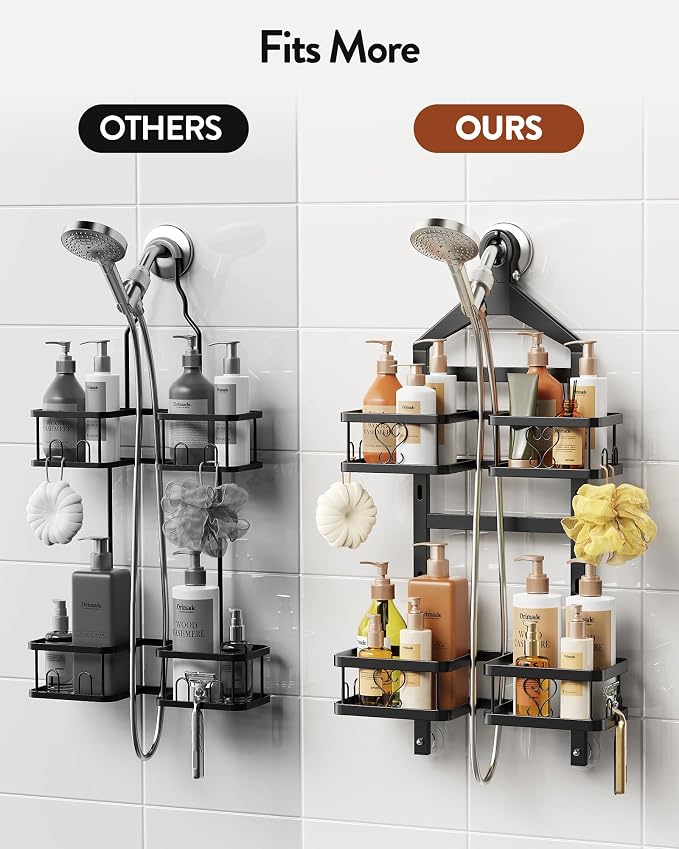 Orimade Adjustable Hanging Shower Caddy for Handheld Shower Heads, Rustproof Bathroom Shelf Organizer Over Showerhead Storage Rack with 8 Hooks, Easy-Clean Removable Baskets & Triple Anti-Slip Fixing
