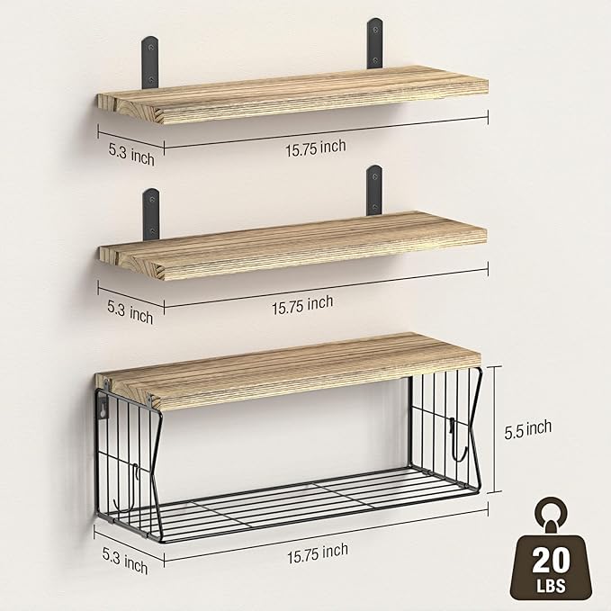 Floating Bathroom Shelves Wall Mounted - Wooden Shelf Set of 3 for Over Toilet Storage & Farmhouse Bathroom Decor - Perfect Shelving Organizer for Apartments RVs Powder Room Restroom - Wood