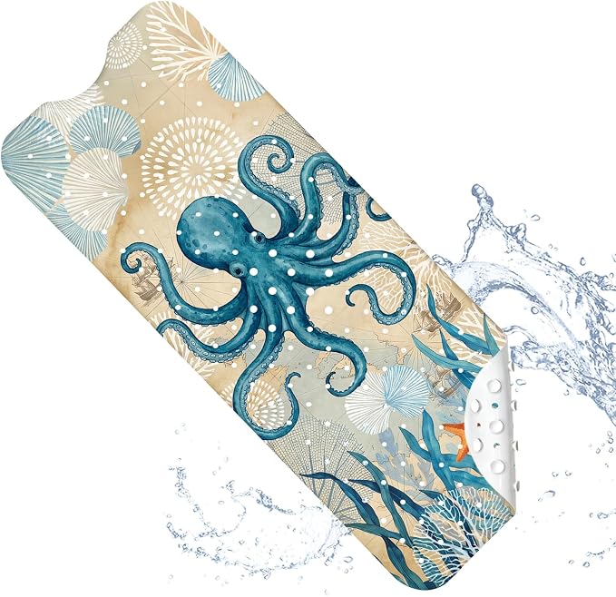 Bath Mat for Tub, Nautical Octopus Bathtub Mats, Machine Washable, Non Slip Shower Mat with Suction Cups and Drain Holes for Adults Kids, Vintage Coastal Tub Mats Gift for Nautical Lovers Bath Decor