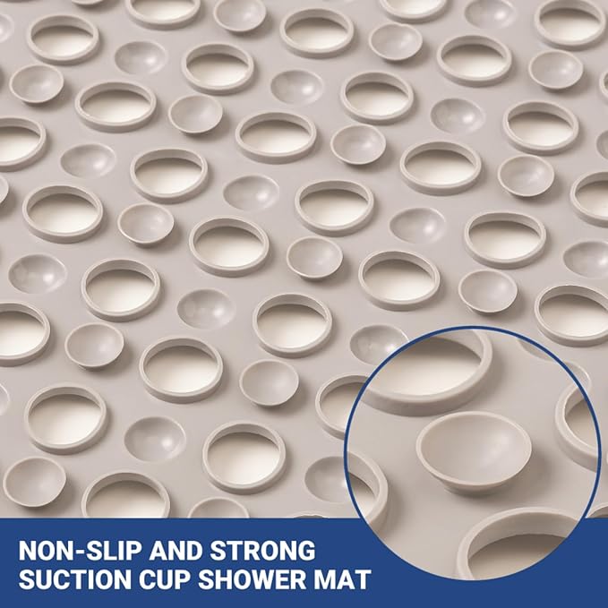 Non Slip Bathtub and Shower Mat 31x17 inch,Bath Mat with Quick Dry Drain Holes and Suction Cups, Soft Comfortable Safe Bathroom Mat for Bath Tub, Floor, Tile (Khaki)