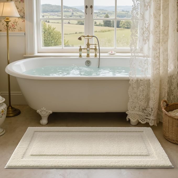 LUMI Ultra Soft Bathroom Rugs Non Slip with Rubber Backing, Absorbent Washable Bath Mat Quick Dry, Upgraded Premium Microfiber Plush Carpet for Bathtub and Shower Floor, Ivory White, 24x60