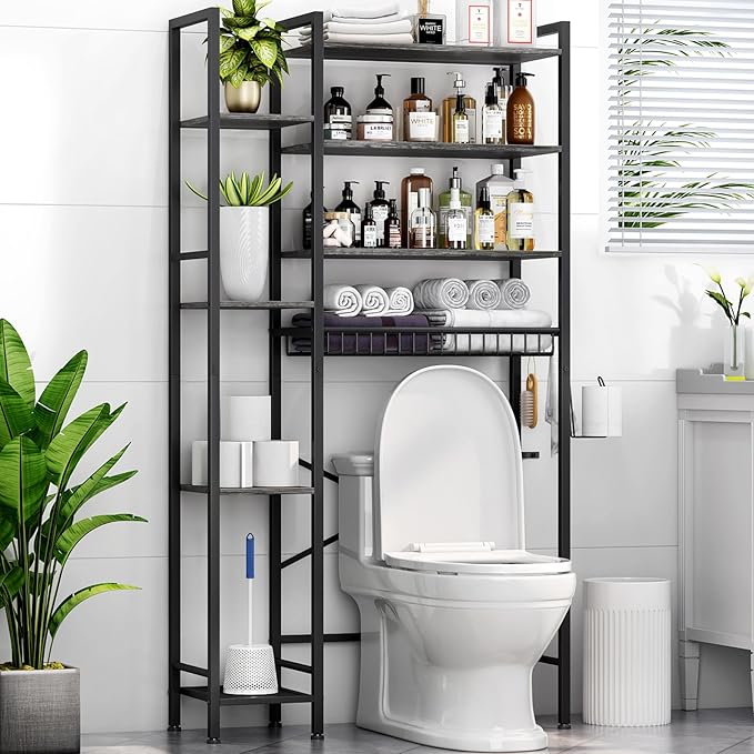 Kalrin 8-Tier Over The Toilet Storage with Side Rack, Over Toilet Storage Rack with Adjustable Shelf & Drain Basket, Freestanding Bathroom Organizer for Balcony, Laundry (Modern Grey)