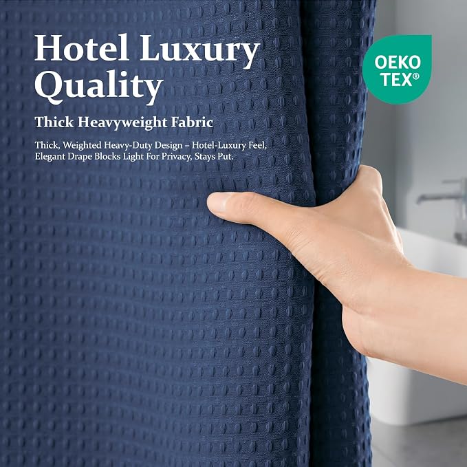 Dynamene Thick Fabric Shower Curtains for Bathroom - Waffle Weave Heavy Duty, 256GSM Hotel Spa Luxury Weighted Polyester Cloth Bath Curtain Set with 12 Plastic Hooks,72x72, Navy Blue