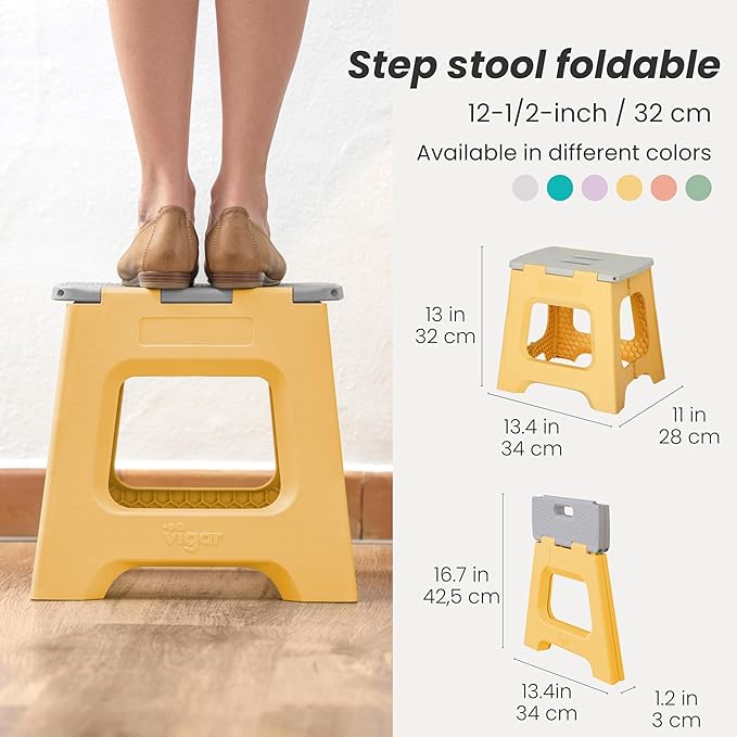 Vigar Compact Folding Step Stool - 12-1/2 Inch Foldable Step Stool for Adults, Lightweight Portable Stool with Handle, Non Slip Step Stool, Space-Saving Stool up to 330 lb - Spring Yellow