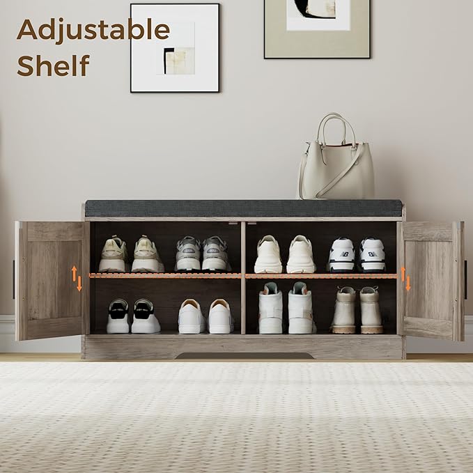 Homleke 2-Tier Storage Bench, Shoe Bench with Thickened Padded Seat Cushion, Entryway Bench with 2 Doors, Adjustable Shelf, 13.8" D x 37.4" W x 18.5" H, for Entryway, Living Room, Bedroom, Greige