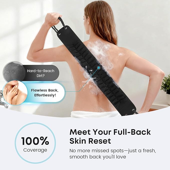 eaxun Back Scrubber with Handles for Shower, 40 Inches Dual-Sided Back Washer with Exfoliating Texture and Loofah for Men, Women and Elderly, Bath Back Exfoliator Body Cleaner for Deep Cleansing