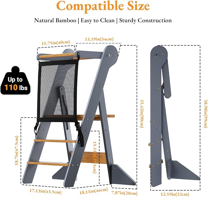COSYLAND Foldable Toddler Standing Tower - Adjustable Height Folding Step Stool Kids Toddler Kitchen Stool for Learning and Cooking - Ages 18 Months to 6 Years with Safety Net Natural & Grey