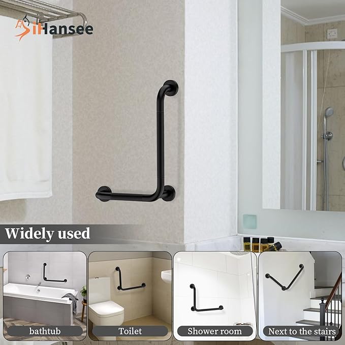 L-Shaped Angled Grab Bar 12x16 Inch Matte Black Anti-Slip Knurled Shower Handles Wall Mount, Stainless Steel Shower Bars for Seniors Injured Balance Support, Handicap Grab Bars for Bathtubs & Showers