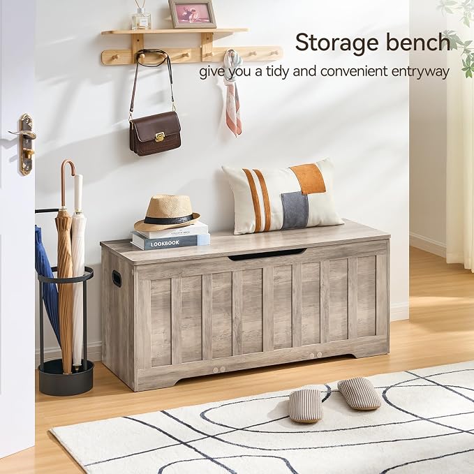 VANKILEY 43.3" Storage Chest Extra Large,Storage Trunk with 2 Safety Hinges,Wooden Storage Bench,Shoe Bench,43.3x15.7x19.1 Inch,Easy Assembly,Storage Bench for Bedroom,Living Room,entryway(Greige).
