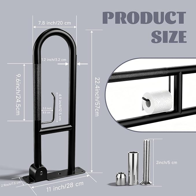22.5 Inch Toilet Grab Bar, HUAS Black Anti Slip Bathroom Toilet Safety Rails, U Shaped Flip-Up Handicap Grab Bars w/Paper Holder, Stainless Steel Support Handrail for Elderly Disabled Senior