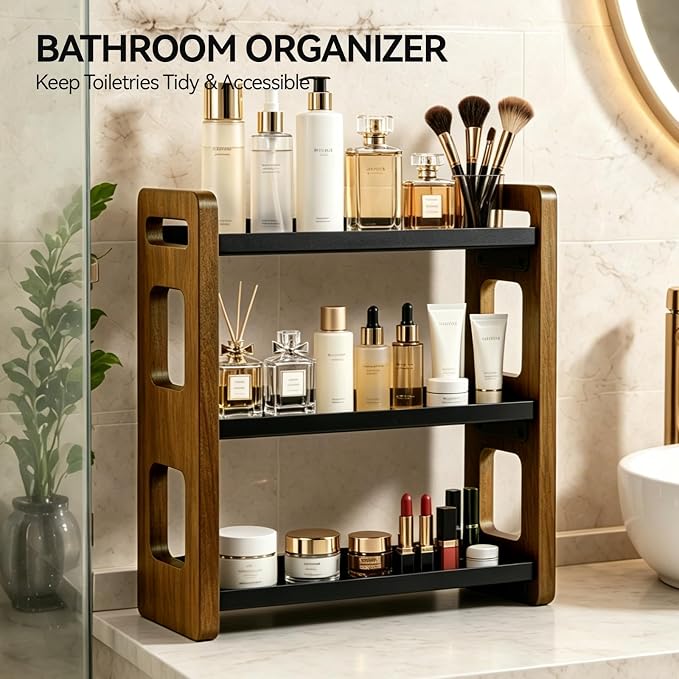 3-Tier Acacia Wood Bathroom Countertop Organizers and Storage, Vanity Bathroom Sink Organizer Shelf for Skin Care Makeup Cologne and Perfume, Small Countertop Storage Organizer for Dresser
