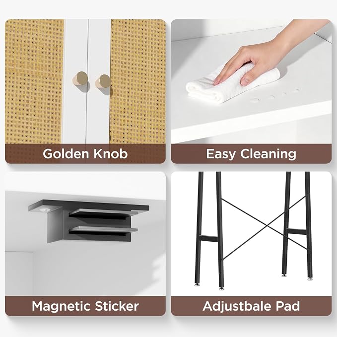 Rattan Over The Toilet Storage Cabinet, Bathroom Organizers and Storage Over Toilet with Rattan Door and Metal Stand, Tall Storage Shelves Above Toilet, Wood Rack for Restroom, Laundry, White