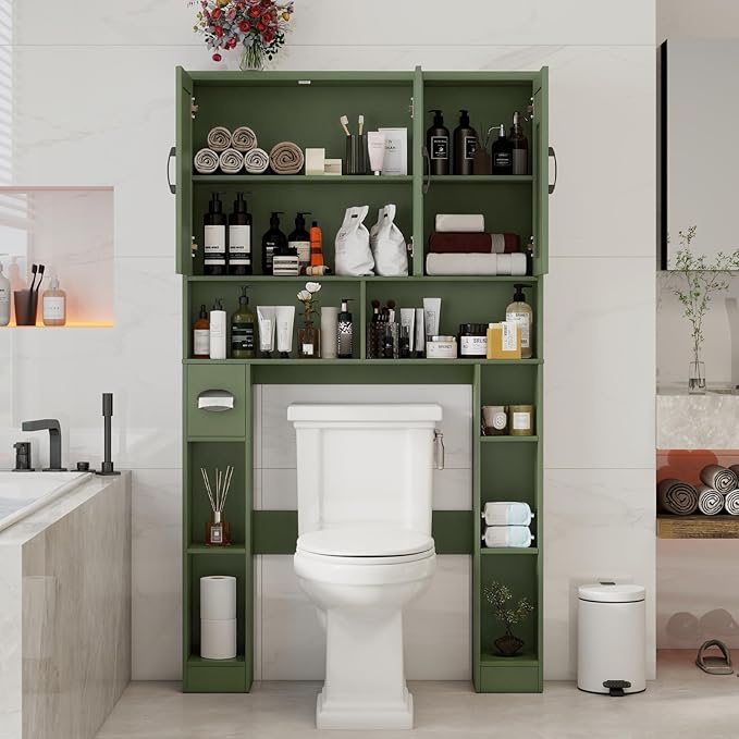 Vabches Over The Toilet Storage Cabinet, Farmhouse Toilet Cabinet Rack with 3 Barn Doors, Space Saving Bathroom Organizer with Shelves, Toilet Paper Holder and Towel Rack for Bathroom,Restroom.(Green