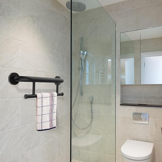 Oil Rubbed Black Grab Bar 17 Inch w/Towel Holder, iHansee Stainless Steel Shower Towel Bar Bathroom Balanced Support Handle, Wall Mount Safety Handrail Grab Rail for Elderly Senior Handicap Disabled