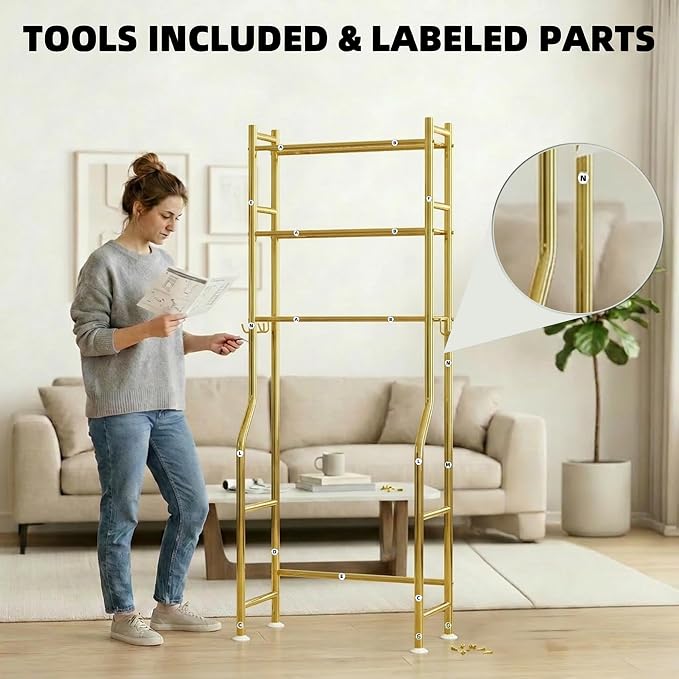 GloTika 3-Tier Over Toilet Storage with Anti-Tilt Safety System - 150lb Total Capacity Metal Bathroom Shelves Including Paper Holder & 4 Hooks, Space Saving Above Commode Organizer (64" H, Gold)
