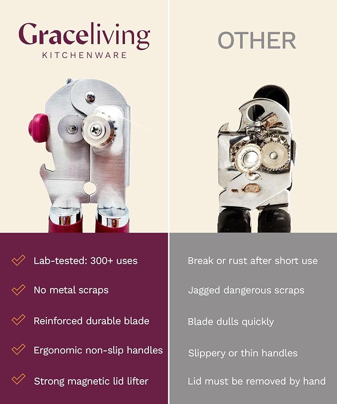 Premium Multifunction Magnetic Manual Can Opener and Bottle Opener, Heavy Duty Stainless Steel Sharp Cutting Blade and Oversized Easy Turn Knob, Soft-Touch Handle, Kitchen Use, Mauve