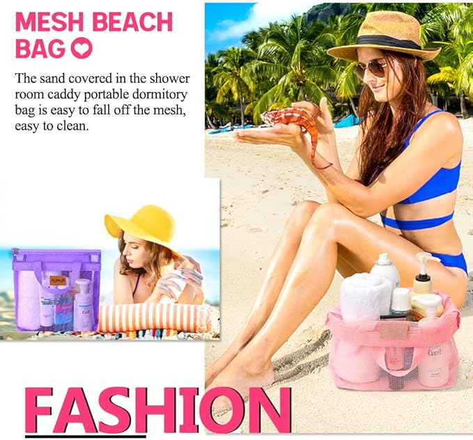 3 Pcs Portable Mesh Shower Caddy Tote, Quick Dry Tote Bag Mesh Beach Bags for Women, Hanging Toiletry and Bath Organizer for Travel Swimming Sports Gym Camp Shopping College Dorms (Pink Purple Rose)